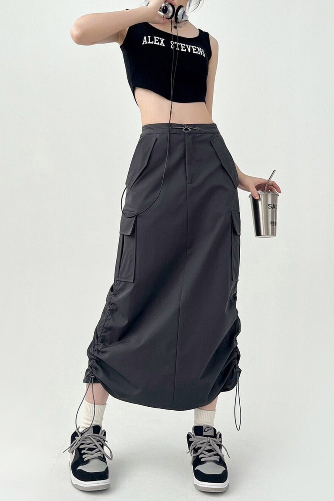 12041 Grey Patterned Midi Skirt