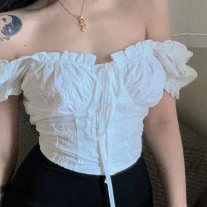 Elegant Women Puff Short Sleeves Crop Top - Square Neck Cut Out Cotton Blouse w/ Tie Front | Elegant Basic Fashion