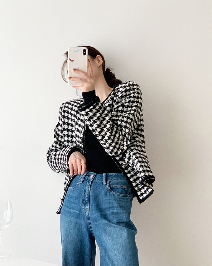 Olive Houndstooth Boucle Short Jacket