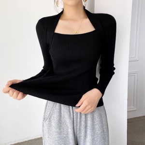 Knitted Cotton Tops - Elegant Square Neck Long Sleeves Top | Classic Basic Fashion Piece