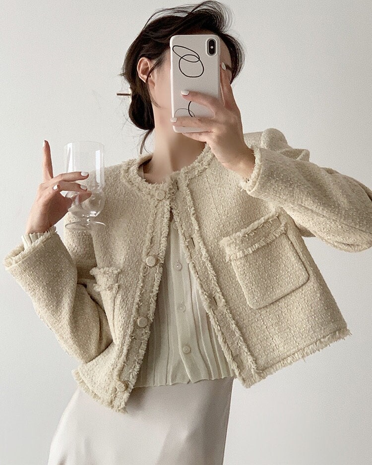 Women Elegant Boucle Tweed Blazer Jacket Trendy Vintage Style Outfit Etsy