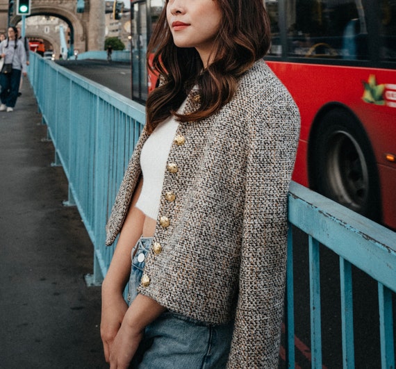 Women Brass Tweed Blazer Jacket - Elegant Trendy Single