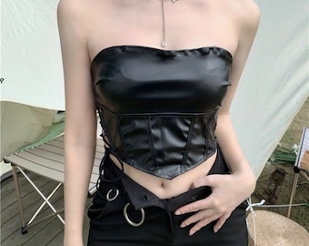 Elegant Women Sleeveless Tube Top - Side Strappy Shiny Leather Tube Cropped Tops | Elegant Basic Fashion Piece