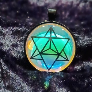 Meratrons cube/merkaba sacred geometry double sided glass pendant. image 2