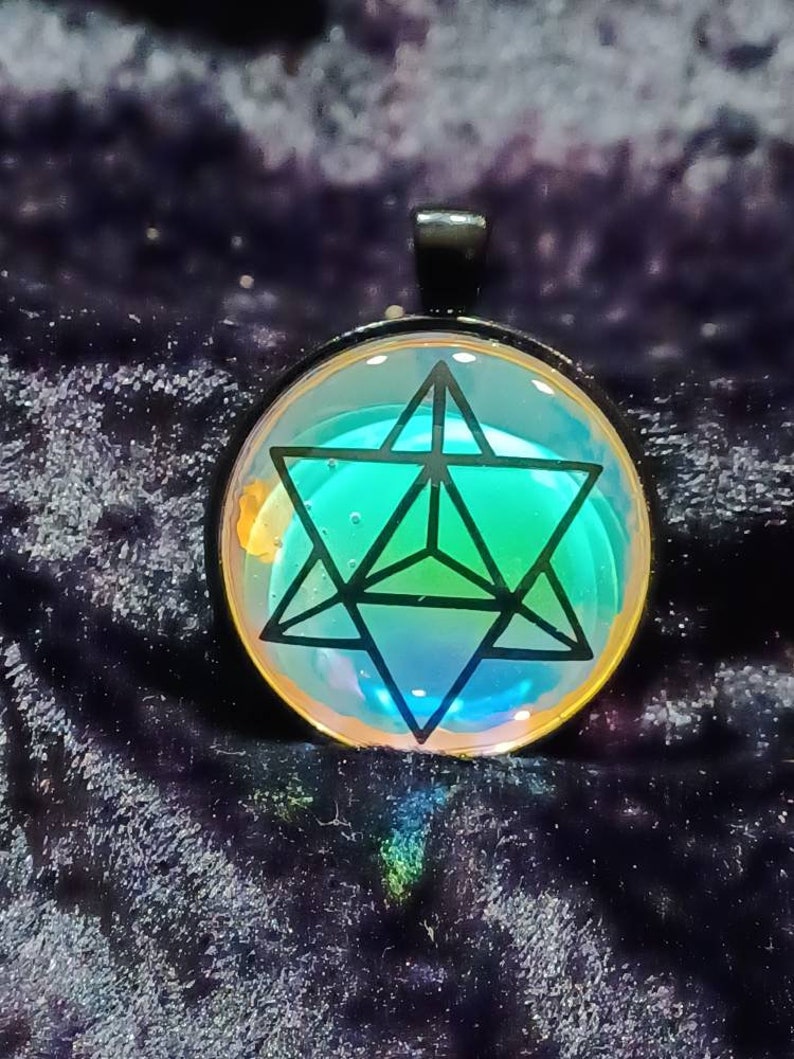 Meratrons cube/merkaba sacred geometry double sided glass pendant. image 2