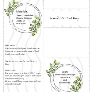 May include: Reusable beeswax food wrap made with 100% cotton fabric, organic beeswax, jojoba oil, and pine rosin. The set includes three sizes: small, medium, and large. The wrap is homemade and eco-friendly.