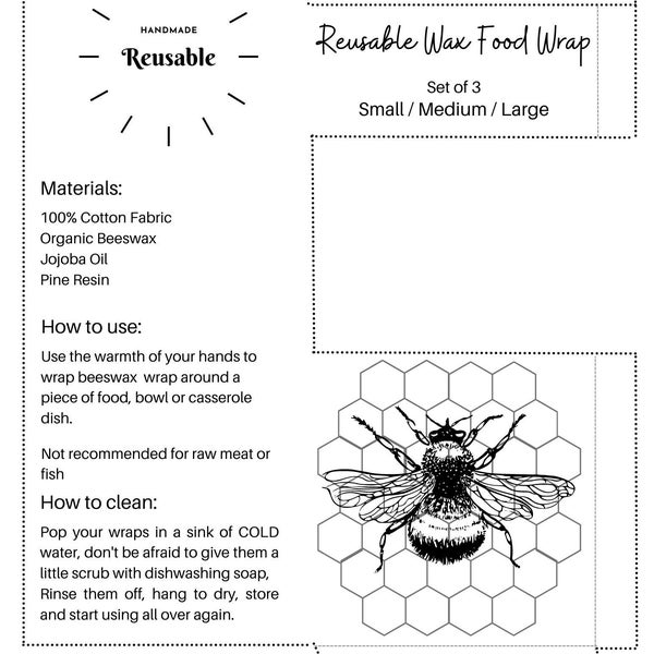 Emballage alimentaire en cire réutilisable pour fenêtre Peekaboo, lot de 3 emballages en cire d'abeille, 1 par feuille PDF à télécharger