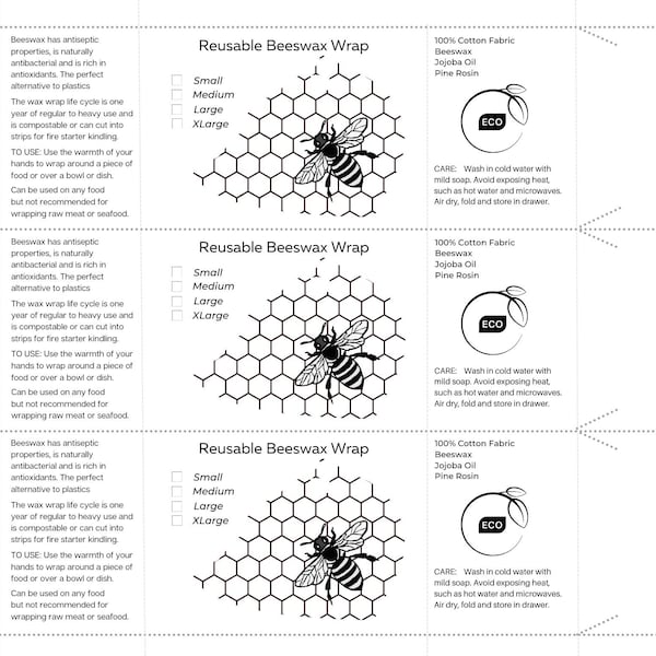 2 Files Beeswax Wrap Strap Packaging 3 per Sheet Adapted for variations in sizes Digital Download