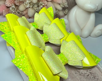 Neon Yellow Hair Bows | Yellow Hair Accessories For Girls | Alligator Hair Clips | Smash Cake Prop | Kids Fashion | Glitter Hair Bows