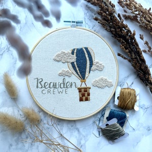 Custom Name Embroidery Hoop | Custom Baby Name Embroidery | Custom Baby Shower Gift | Baby Boy Nursery Decor | Hot Air Balloon Decor