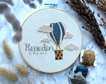Custom Name Embroidery Hoop: Hot Air Balloon Baby Nursery Decor