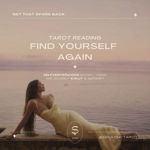 Pode incluir: Um vestido amarelo pálido sem mangas com decote em coração. A imagem inclui o texto: GET THAT SPARK BACK, TAROT READING FIND YOURSELF AGAIN, ZELFVERTROUWEN BOOST / VOOR WIE ZICHZELF KWIJT IS GERAAKT e o logótipo S TAROT @SENAYSKI.TAROT.