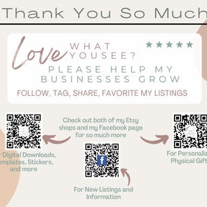 Op de afbeelding: Een roze en witte afbeelding met de tekst "Thank You So Much" en "Love What You See? Please Help My Businesses Grow" met een vijfsterrenbeoordeling. De afbeelding bevat ook drie QR-codes met instructies voor digitale downloads, gepersonaliseerde fysieke geschenken en nieuwe aanbiedingen en informatie.