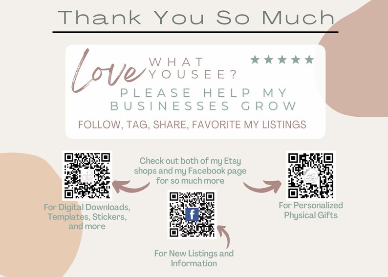 Op de afbeelding: Een roze en witte afbeelding met de tekst "Thank You So Much" en "Love What You See? Please Help My Businesses Grow" met een vijfsterrenbeoordeling. De afbeelding bevat ook drie QR-codes met instructies voor digitale downloads, gepersonaliseerde fysieke geschenken en nieuwe aanbiedingen en informatie.