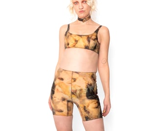 Latex high waist bicycle shorts and bra set. Holy Mary print. Custom handmade to order