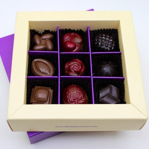 9 pieces of fruit truffle chocolate in a box. Milky Chocolate and Dark Chocolate
