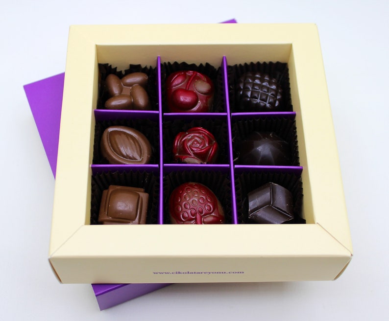 9 pieces of fruit truffle chocolate in a box. Milky Chocolate and Dark Chocolate