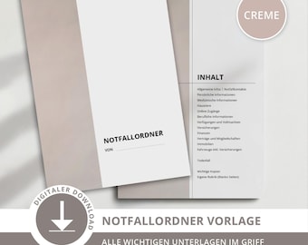 Emergency folder template PDF in cream | 60 printable pages | Includes spine and dividers | Securely organize important documents