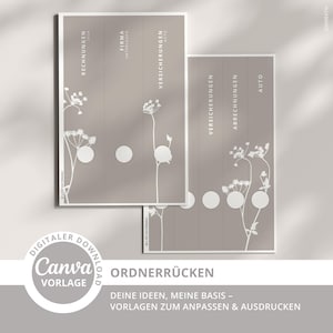 May include: Two beige binder spines with white text and floral designs. The spines are labelled with categories like "RECHNUNGEN" and "VERSICHERUNGEN". The Canva logo is visible, indicating a digital template. The spines are 21 cm tall.