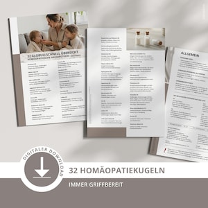 May include: A digital download graphic with the text "32 Globuli Schnell Übersicht Homöopathische Hausapotheke" and "32 Homöopathiekugeln Immer Griffbereit". The image includes pages with text and a photo of a woman and two children.