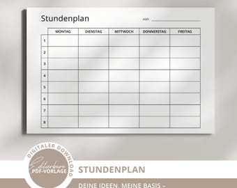 Może przedstawiać: Biały prostokątny planer z tytułem "Stundenplan" na górze. Planer ma układ siatki z kolumnami dla każdego dnia tygodnia i wierszami numerowanymi od 1 do 8. Na dole planera znajduje się tekst "Digitaler Download PDF-Vorlage Stundenplan".
