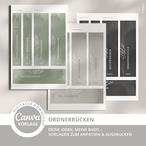 Puede incluir: Un conjunto de plantillas imprimibles para lomos de carpetas en tonos verdes, grises y blancos. Las plantillas presentan etiquetas de texto como "RECHNUNGEN" y "KRANKENKASSE" con detalles florales. El logotipo de descarga digital de Canva es visible.