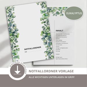 Pode incluir: Um modelo de documento para download digital com um design de eucalipto. A capa apresenta folhas verdes e o texto "NOTFALLORDNER" e "ALLE WICHTIGEN UNTERLAGEN IM GRIFF".