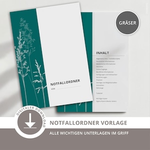 Könnte beinhalten: Eine teal- und weißfarbene Notfallordner-Vorlage mit dem Text "NOTFALLORDNER" und "DIGITALER DOWNLOAD". Das Cover zeigt ein botanisches Design. Die offenen Seiten zeigen ein Inhaltsverzeichnis.