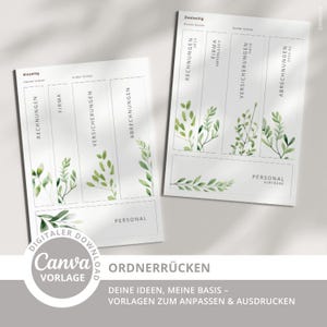 Könnte beinhalten: Zwei weiße Ordner-Rückenvorlagen mit grünen botanischen Illustrationen. Die Vorlagen haben Abschnitte mit den Bezeichnungen "RECHNUNGEN", "FIRMA", "VERSICHERUNGEN" und "ABRECHNUNGEN". Der untere Abschnitt ist mit "PERSONAL" beschriftet. Das Canva-Logo ist sichtbar.