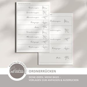 Könnte beinhalten: Zwei weiße, bedruckbare Ordner-Rückenvorlagen mit schwarzem Text und Blätterillustrationen. Die Vorlagen enthalten Etiketten für "Rechnungen", "Versicherungen", "Abrechnungen", "Fahrzeuge" und "Miete". Die Wörter "DIGITALER DOWNLOAD" und "ORDNERRÜCKEN" sind ebenfalls sichtbar.
