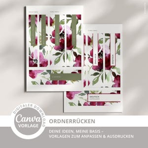 May include: Two binder spine templates with floral watercolor designs in burgundy, green, and white. The templates include subject labels in German and English, with the Canva logo and text: "Digital Download, Canva Template, Ordnerrucken".