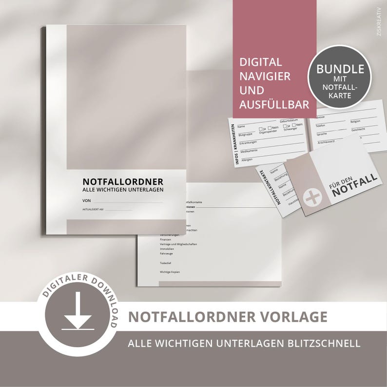 May include: A digital download bundle featuring a medical emergency organizer and a card. The organizer is white with text in German, including "NOTFALLORDNER" and "ALLE WICHTIGEN UNTERLAGEN." The bundle includes a digital download icon and a pink accent.