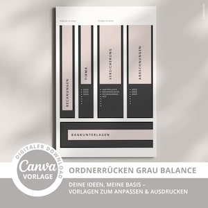 May include: A digital Canva template for binder spines with a minimalist design. The design features sections for Rechnung, Firma, Versicherung, and Abrechnungen, with a grey and blush colour scheme. Text includes "Deine Ideen, Meine Basis - Vorlagen zum Anpassen & Ausdrucken."