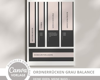 Canva - Plantillas para lomos de carpetas con balance de grises: etiquetas PDF para carpetas, organización de la oficina, etiquetado de carpetas, etiquetas imprimibles