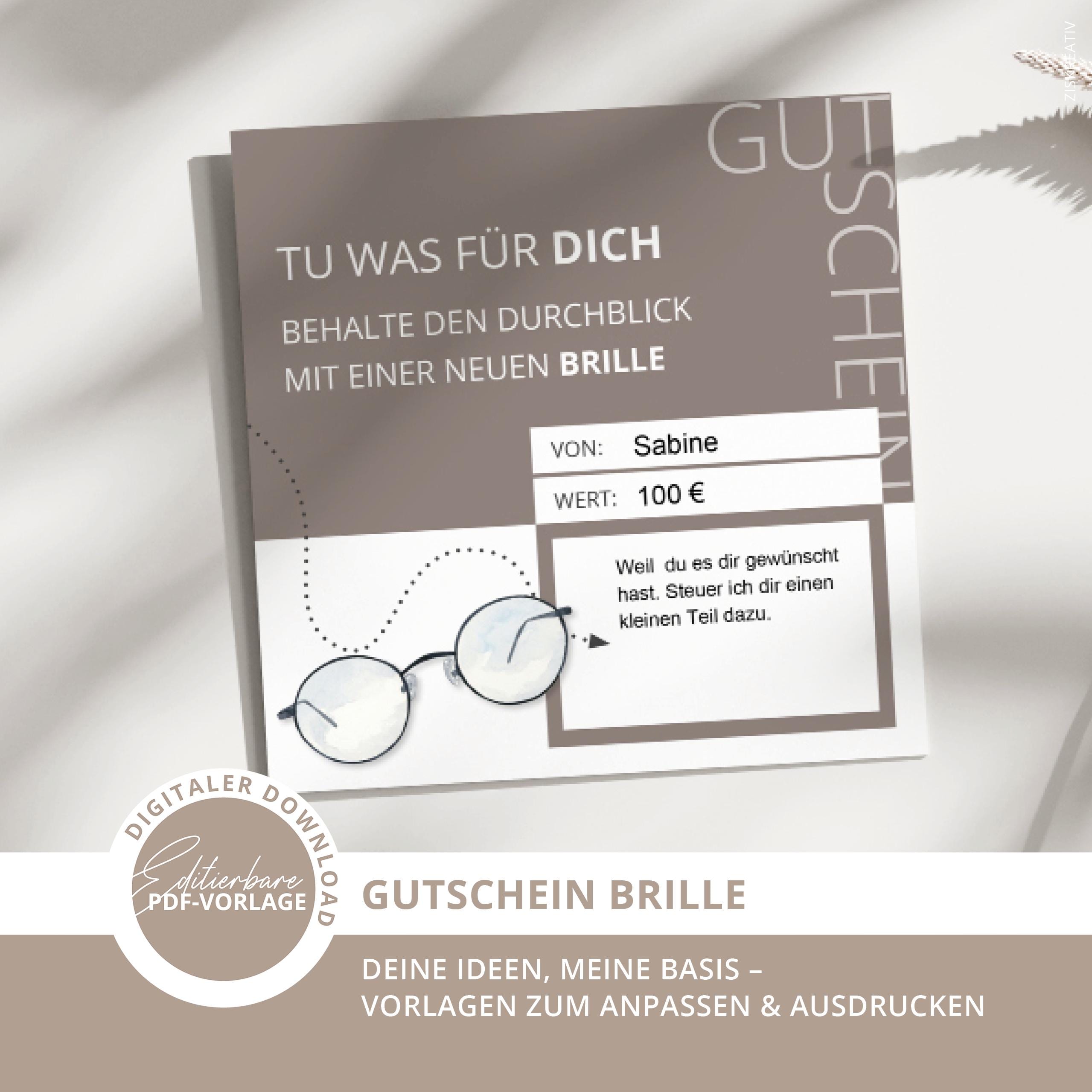 Brillen Gutscheinvorlage, Geschenkidee, Digitaler Gutschein, PDF Vorlage editierbar, Gutscheinvorlage zum ausdrucken, Ausdrucken