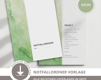 Emergency folder template PDF in green | 60 printable pages | Includes spine and dividers | Securely organize important documents