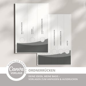 Könnte beinhalten: Zwei weiße Ordner-Rückenvorlagen mit grauen Akzenten und Textbeschriftungen zur Organisation. Die Beschriftungen lauten "RECHNUNGEN 2024", "FIRMA UNTERLAGEN" und "VERSICHERUNGEN AUTO". Das Canva-Logo ist sichtbar.