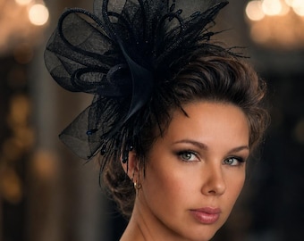 Black crinoline feather fascinator. Wedding guest fascinator black. Tea party hat. Statement pillbox hat.