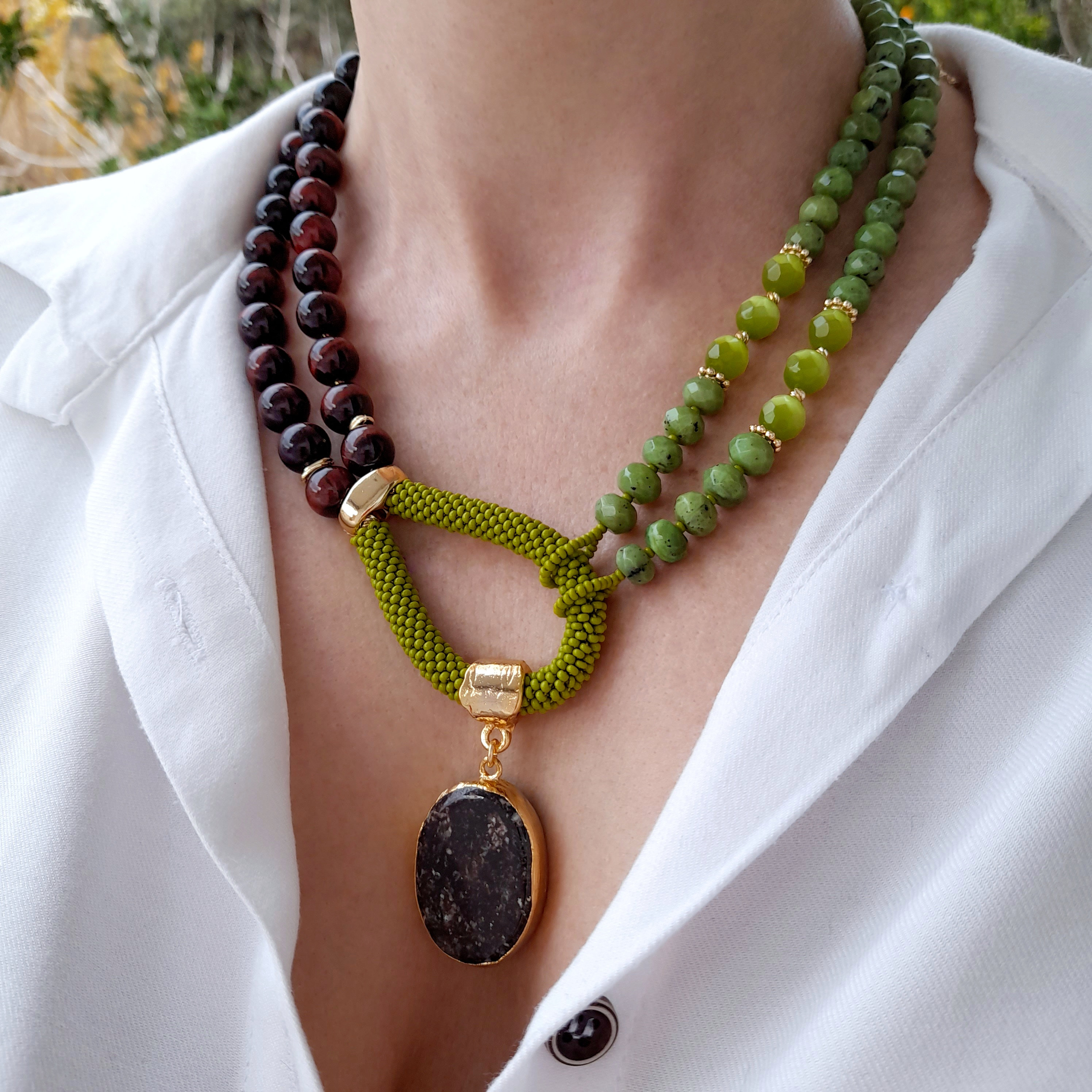 Jade Tiger Eye Necklace. Unusual Handmade Jewelry. Statement Chunky