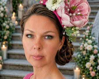 Fascinator for mother of the bride or groom. Hot pink fascinator with magnolia. Wedding guest headband, flower pillbox, tea party hat.