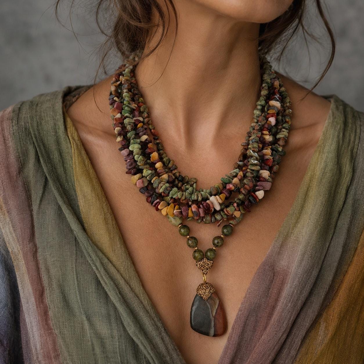 Mixed Stone Necklace Set Beaded Handmade Jewelry. Statement Chunky