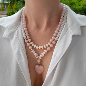 Chunky pink white rose quartz nejef heart pendant Wedding necklace Multistrand statement gemstone bead necklace Handmade jewelry women gift