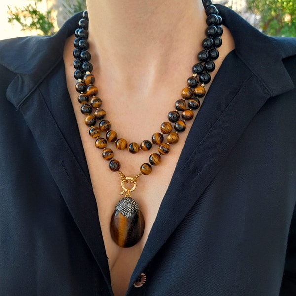 Tiger Eye Necklace Women. Unusual Handmade Jewelry. Statement Chunky Gemstone Pendant Necklace. Large Bead Necklace. Birthday Wife Mom Gift