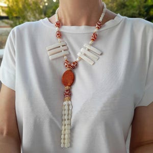 Mother of pearl long tassel necklace Large white orange statement chunky gemstone bead necklace Birthday Christmas mom gift Handmade jewelry