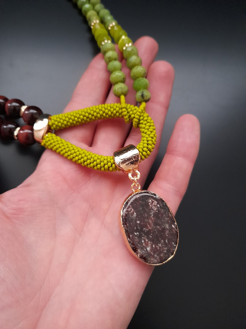 Jade Tiger Eye Necklace. Unusual Handmade Jewelry. Statement Chunky Gemstone Pendant Necklace