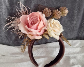 Brown, blush pink velvet fascinator. Wedding guest headband with flowers and feathers, tea party hat.