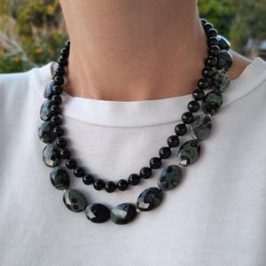 Kambaba jasper onyx necklace women Unusual handmade jewelry Statement chunky gemstone large beaded green black necklace Birthday wife gift