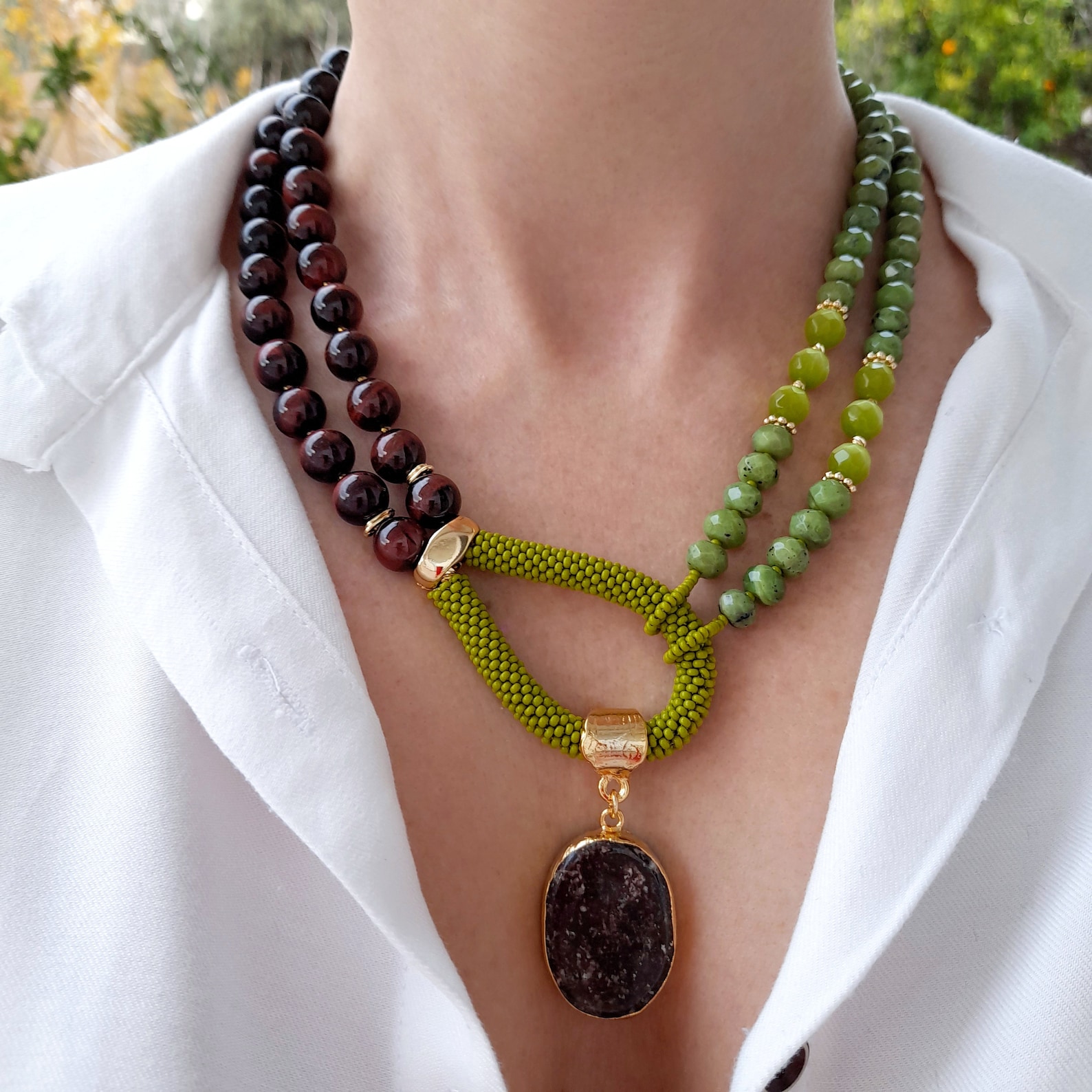 Jade Tiger Eye Necklace. Unusual Handmade Jewelry. Statement Chunky