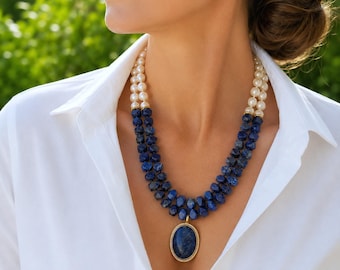 Raw lapis lazuli baroque pearl pendant necklace Statement gemstone bead necklace Wedding necklace Handmade jewelry Birthday women gift