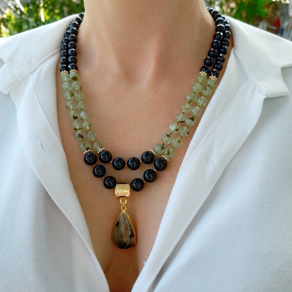 Prehnite Black Onyx Necklace. Beaded Handmade Jewelry. Statement Chunky Gemstone Pendant Necklace. Large Bead Necklace.Birthday Women Gift
